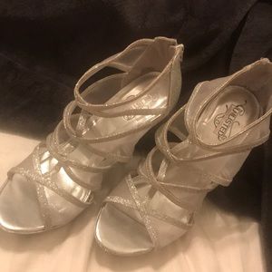 Silver glitter strappy mesh heels